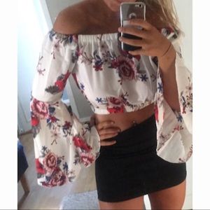 Floral Tiered Bell Sleeve Off Shoulder Crop Top